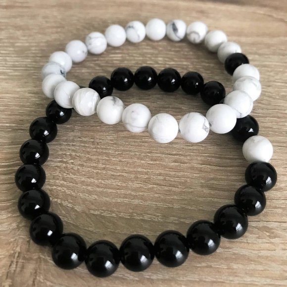 Long Distance Relationship Bracelet Black White Stone Beads Turquoise and Onyx - Picture 3 of 7